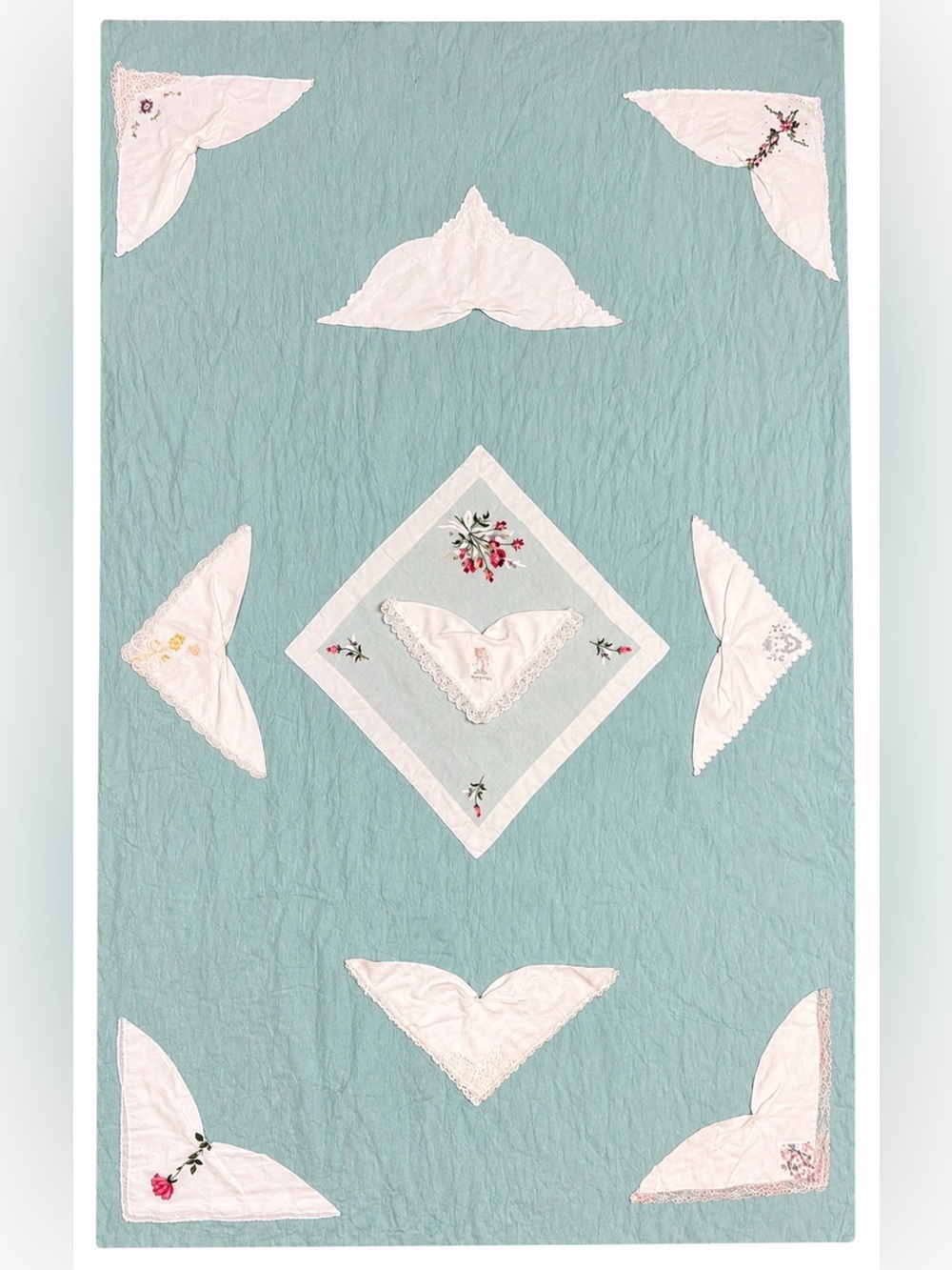 Vintage Handmade Handkerchief Quilt Throw Baby Blanket Embroidered Lace 41x75